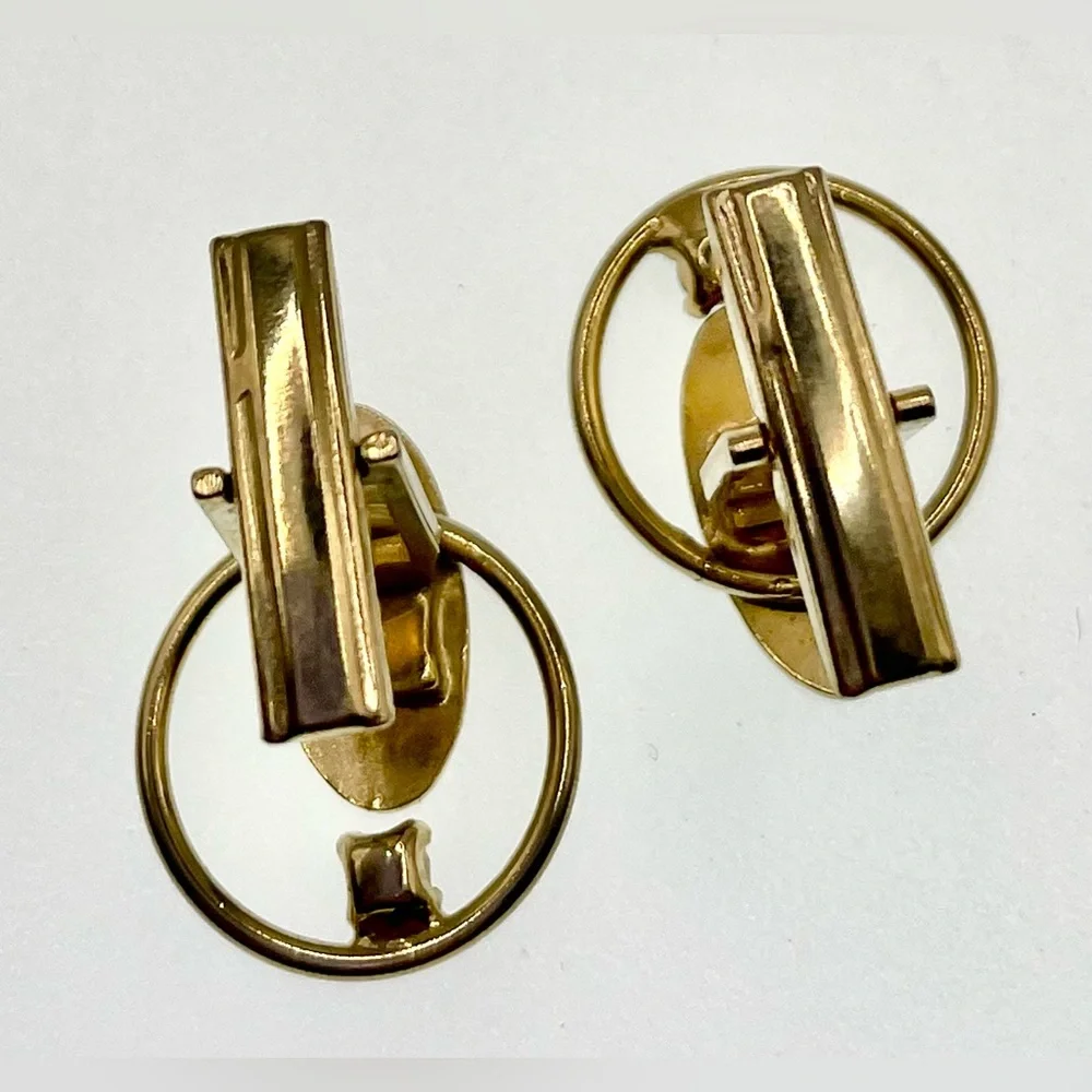 Vintage Gold Tone Textured Cufflinks Prong Set Black Cabochon Gem Atomic MCM